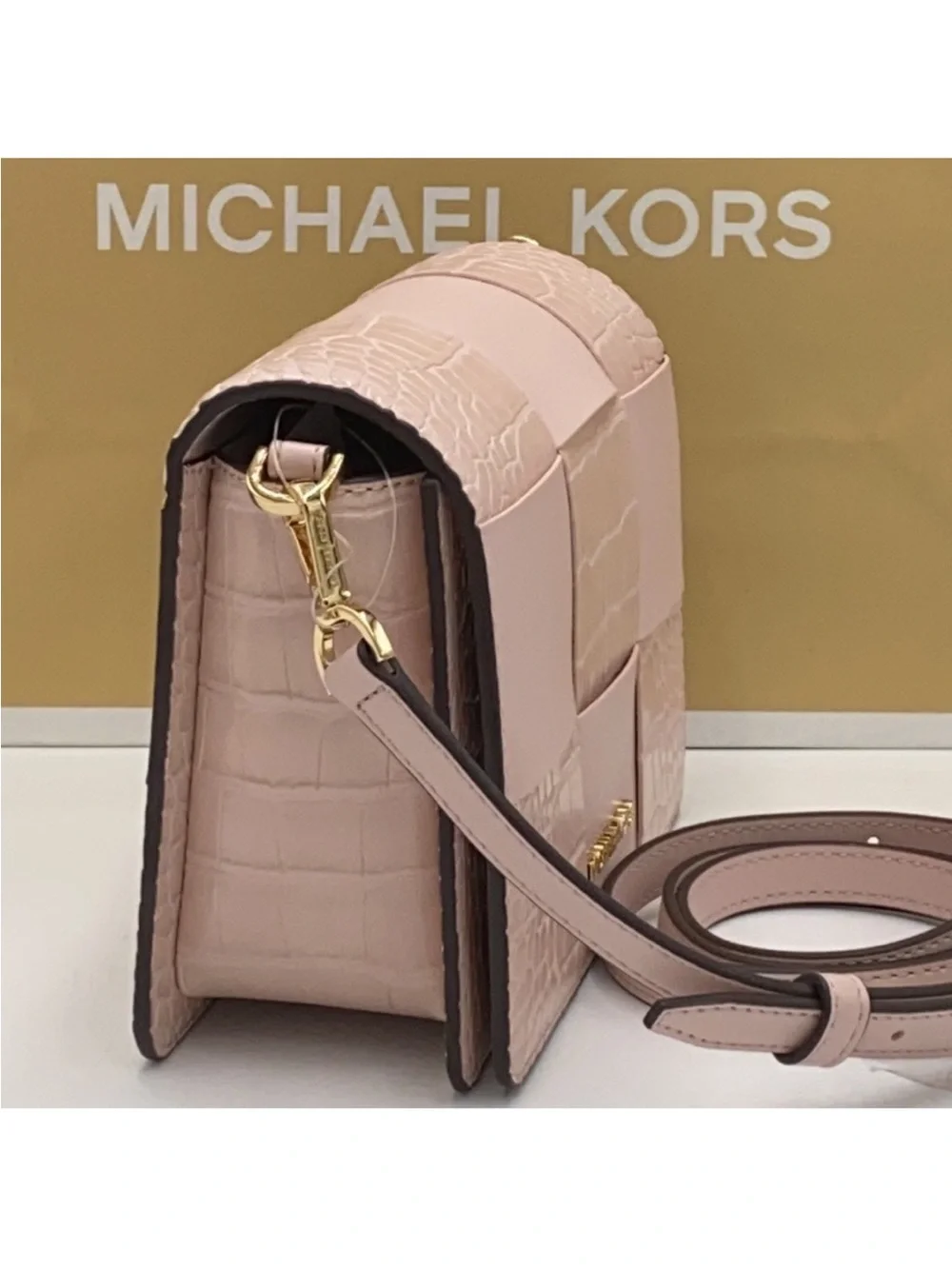 Michael Kors Mercer powder blush Woven Croc-Embossed Leather Crossbody